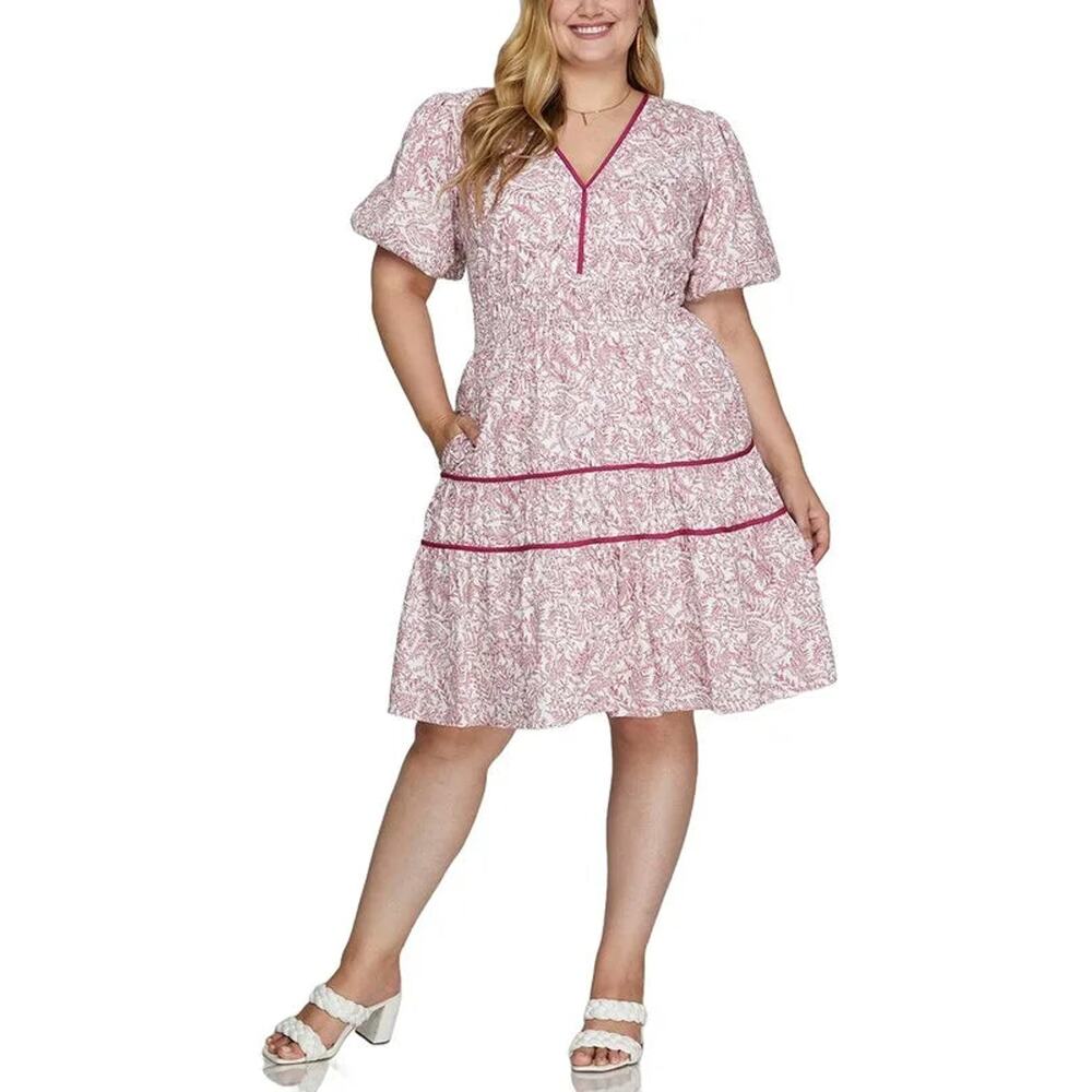 She + Sky Full Size Printed V-Neck Puff Sleeve Tiered Dress Plus Size - Picture 4 of 6